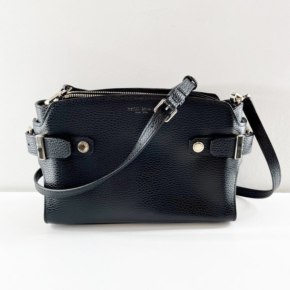 Henri Bendel Black Pebbled Leather Zip Top Crossbody Shoulder Bag Purse